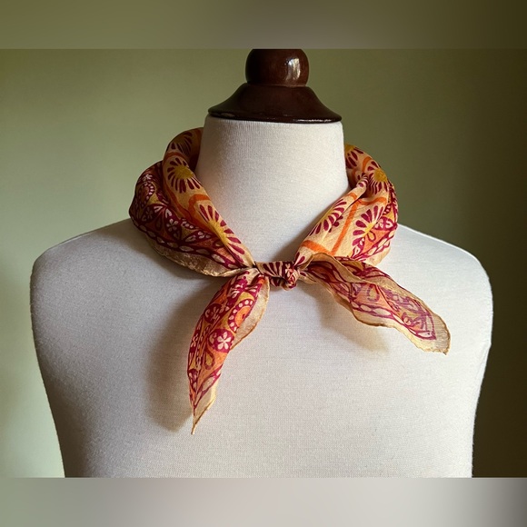 Summer Silk Scarf, Bright Floral Print, Hand Rolled Edges, Batik Square Scarf - Picture 3 of 11